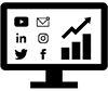 icon showing computer screen with different social media logos and charts